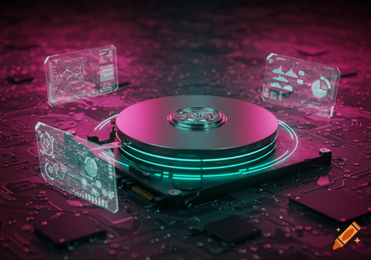 A neon-lit hard disk drive with glowing blue accents and holographic data displays on a dark, circuit board background.