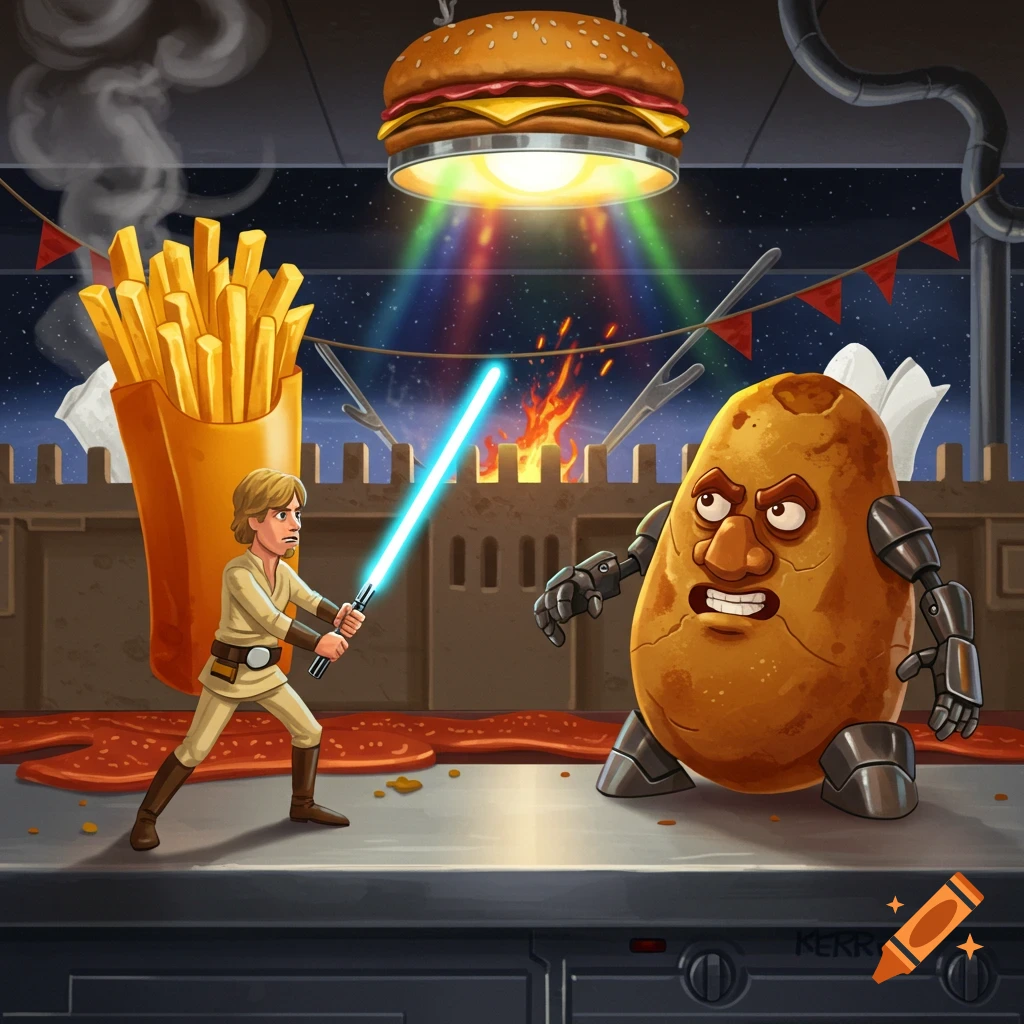 Cartoon Luke Skywalker battles a potato creature with a lightsaber on a kitchen counter, beneath a burger UFO and giant fries.