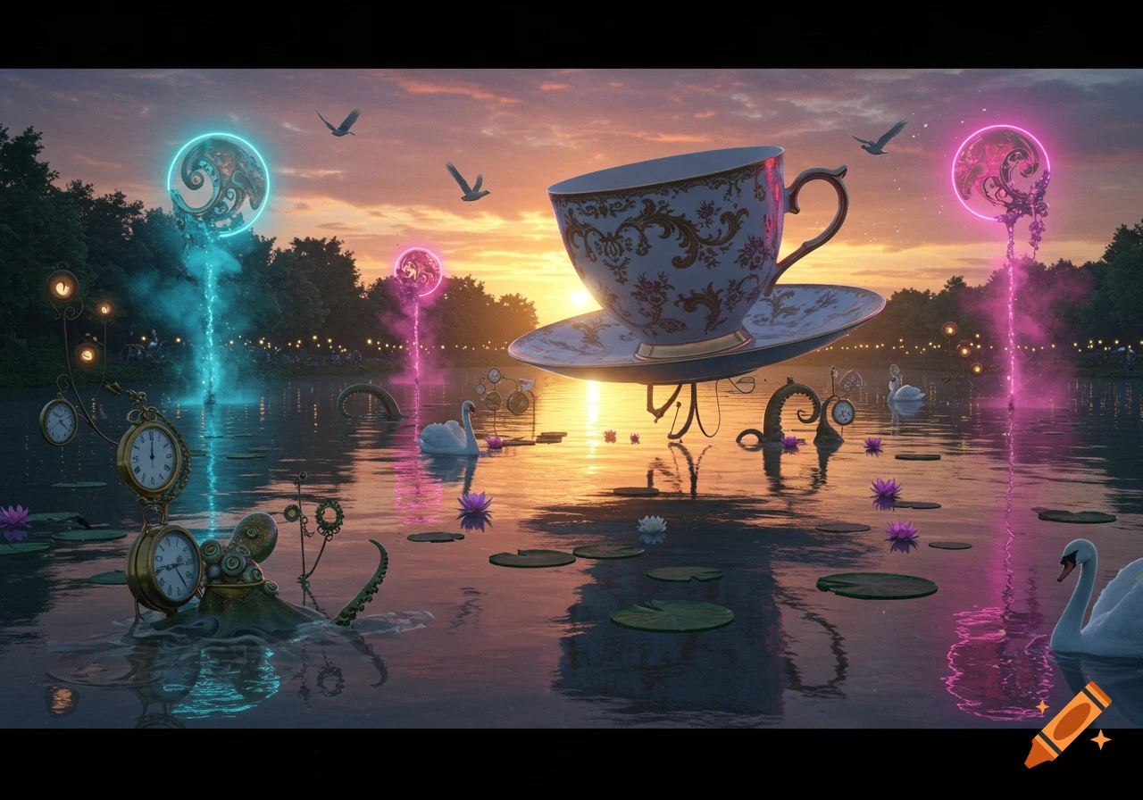 Surreal sunset lake scene with a giant floating teacup, glowing orbs, swans, and clockwork octopus structures in the water.