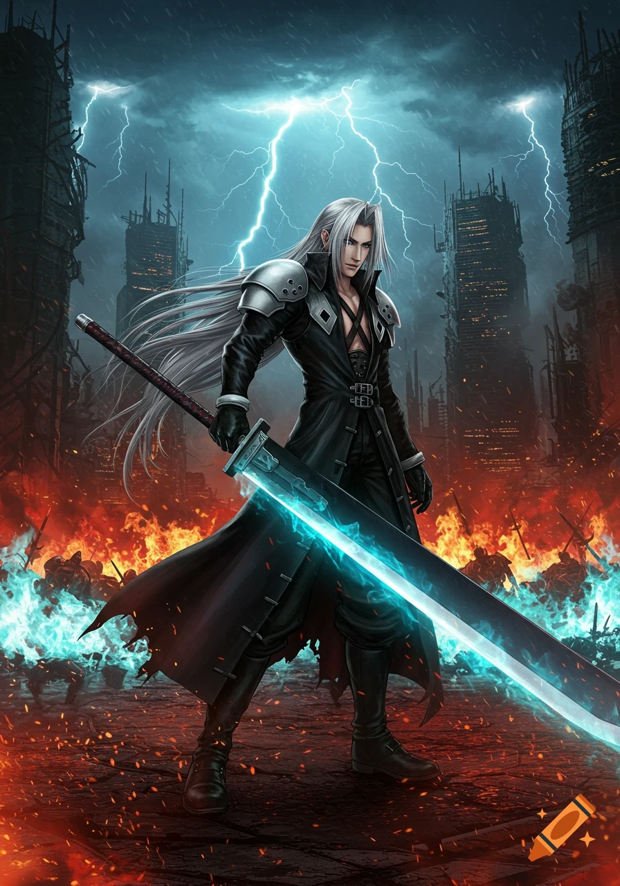 Sephiroth, a man with long silver hair and black coat, stands holding a glowing sword in a ruined city with lightning and fire, in a detailed digital illustration.