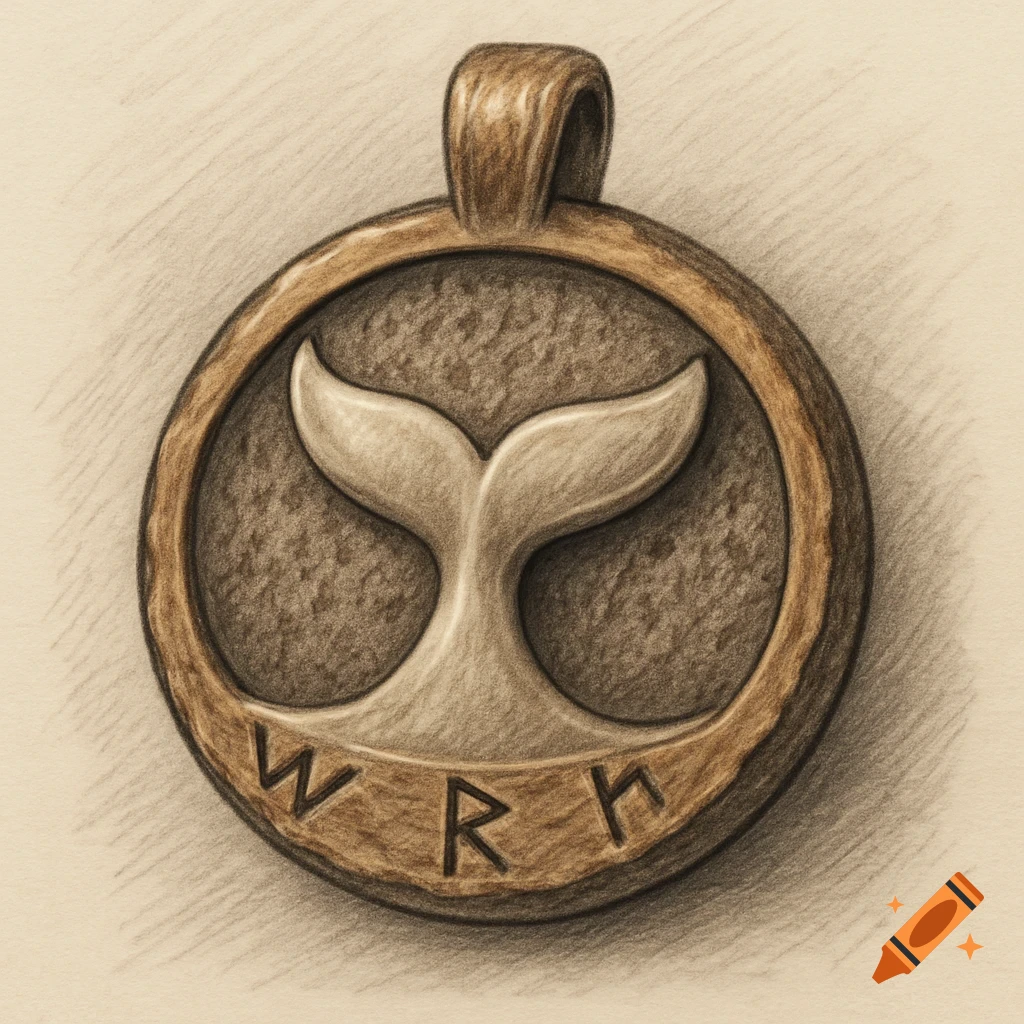 A hand-drawn sketch of a round, bronze-toned pendant featuring a raised whale tail in the center and carved runes on the outer rim.