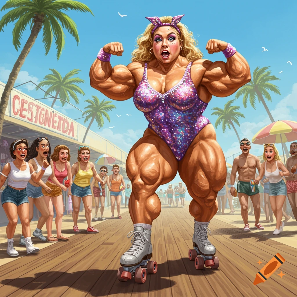 A comically large female bodybuilder on roller skates flexes on a boardwalk, surrounded by surprised onlookers, in a cartoon style.