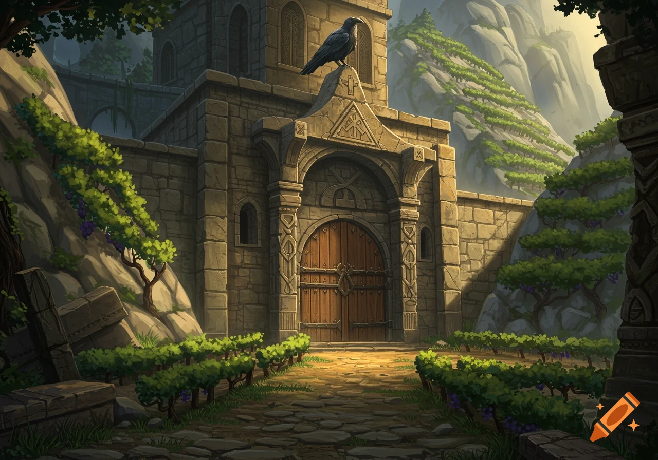 An ancient stone monastery gate with a raven atop its archway, surrounded by grapevines and mountains in a fantasy setting.