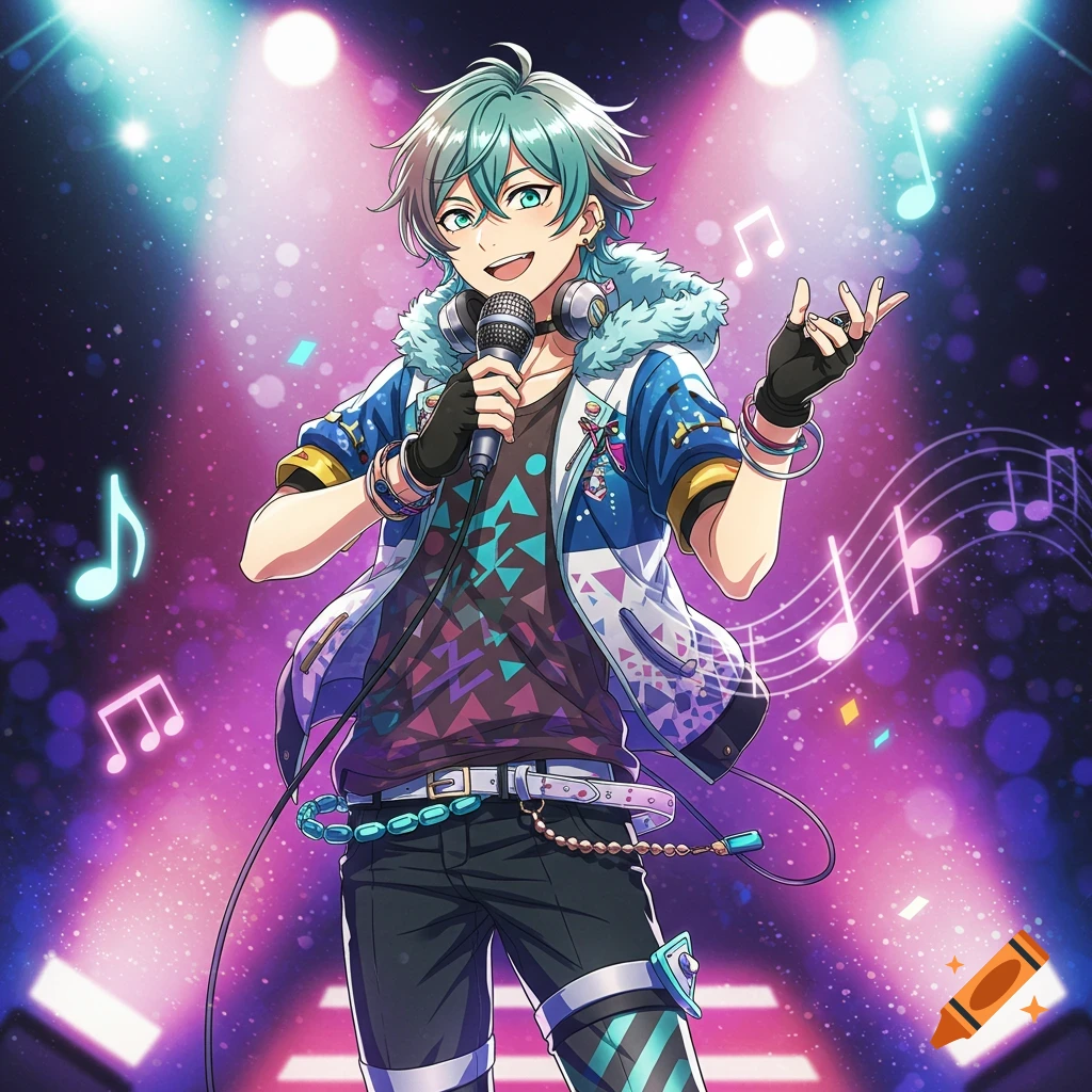 An anime male character with teal hair and green eyes sings into a microphone on a vibrant stage with purple and blue spotlights and musical notes.