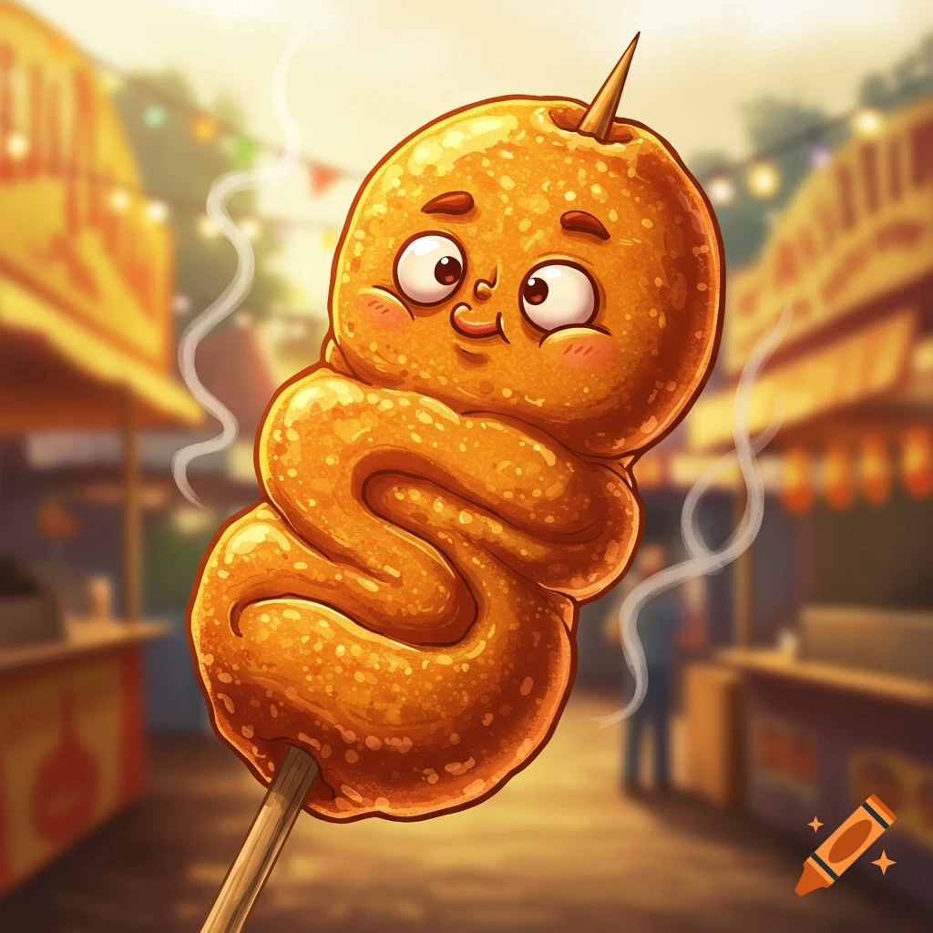 A cute, happy cartoon deep-fried food character on a stick, steaming, with a blurred market background.