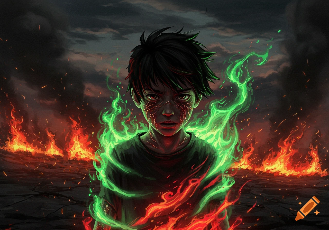A dark fantasy illustration of a boy with black hair and glowing red marks on his face, surrounded by green and red flames.