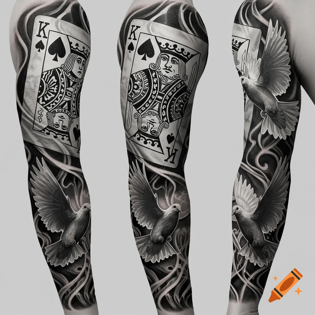 A black and grey tattoo sleeve featuring two King of Spades playing cards and two doves in flight, surrounded by smoke-like swirls.