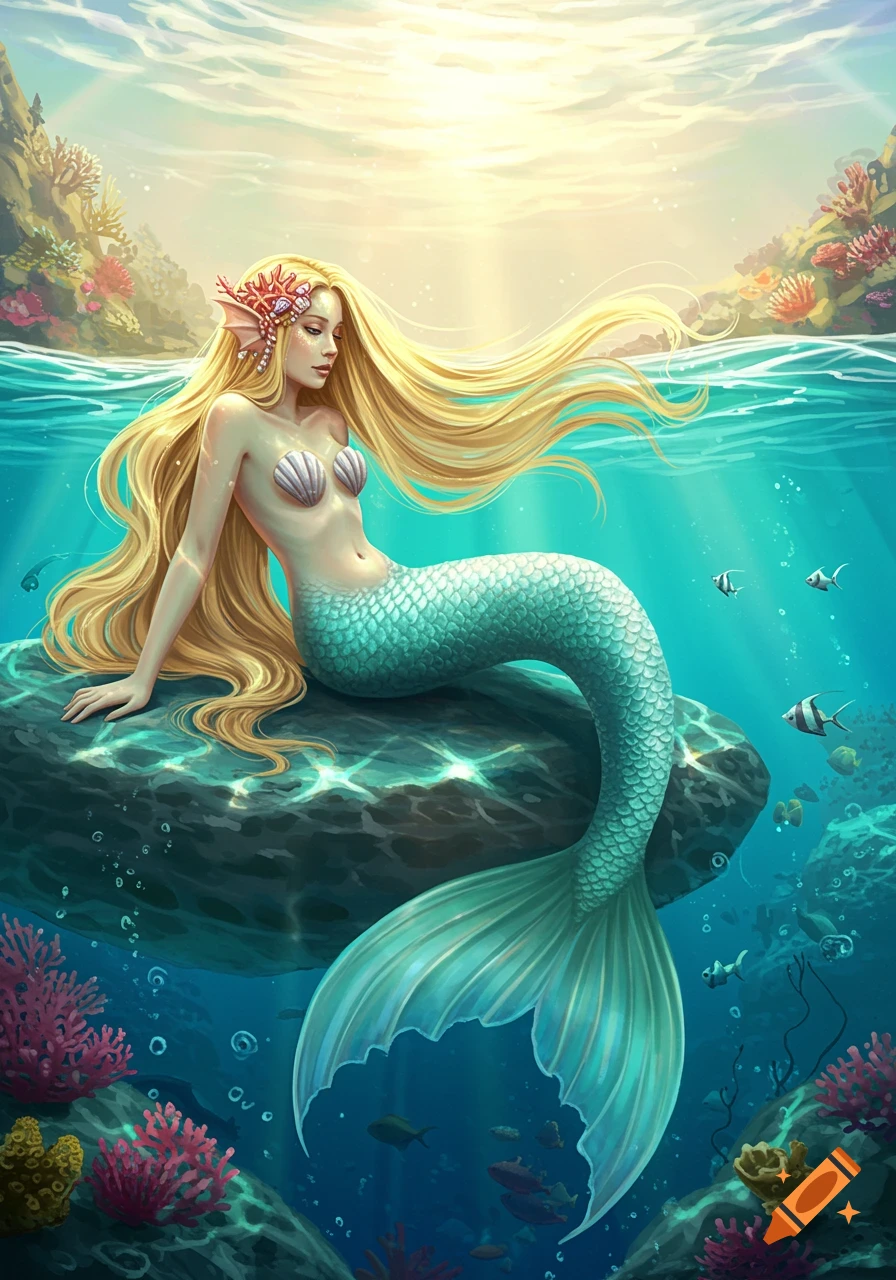 Fantasy illustration of a blonde mermaid with a teal tail, sitting on an underwater rock with coral and sun rays.