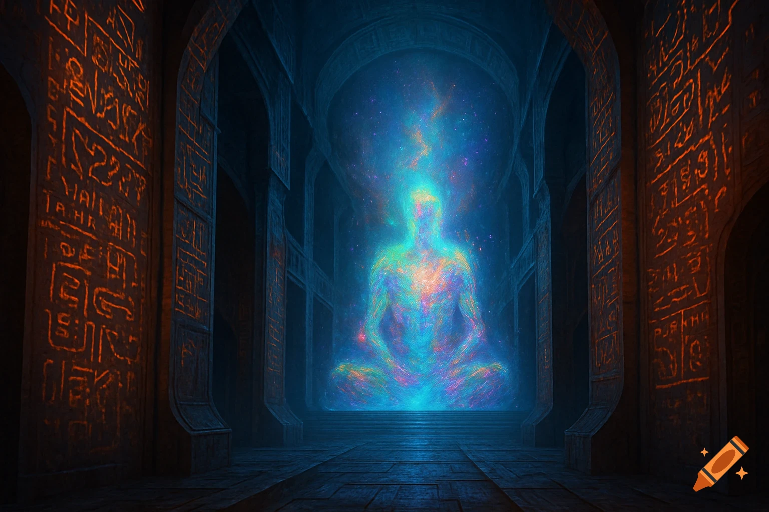 A vibrant, cosmic entity meditates in a dark, ancient temple with glowing alien script on the walls.