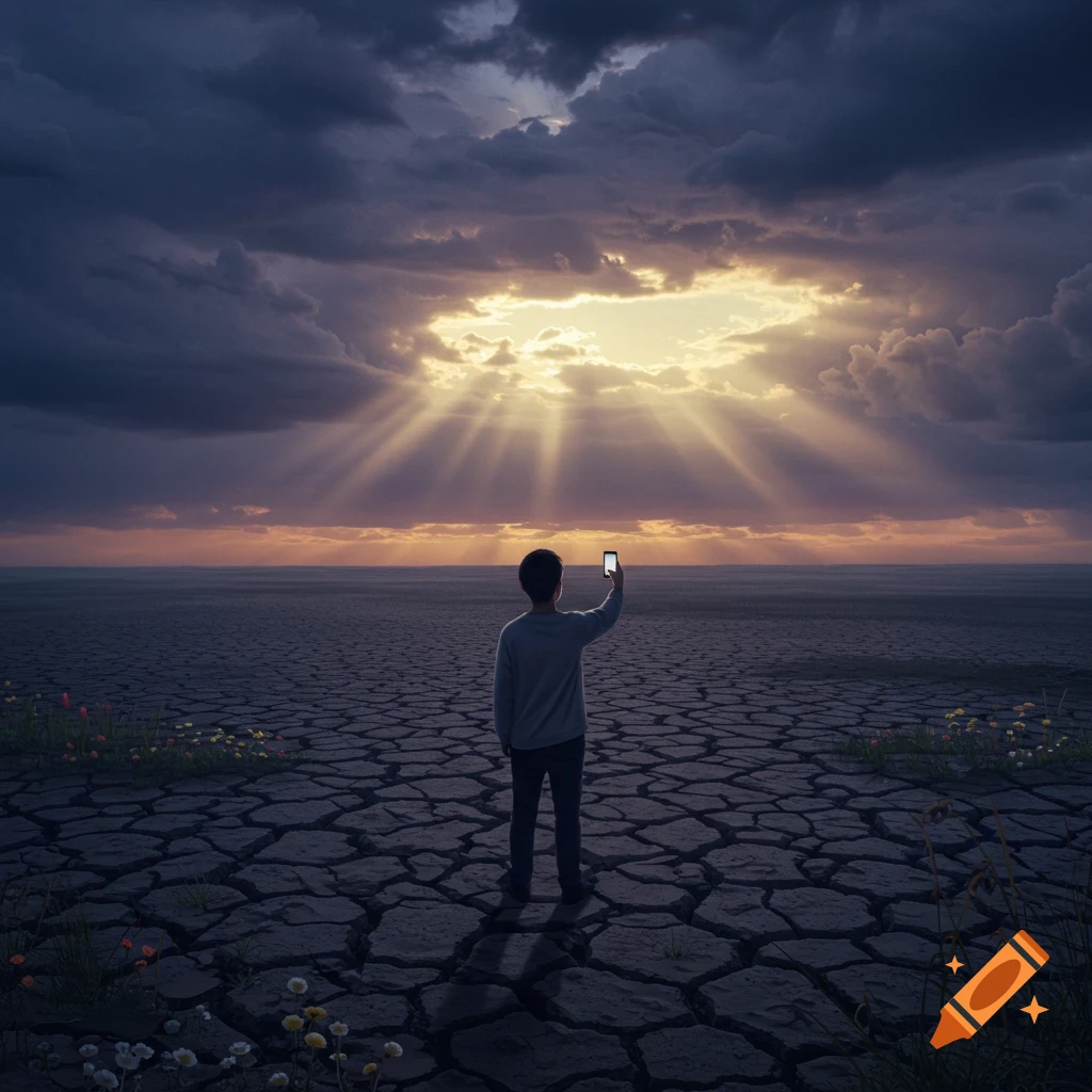 A lone figure stands on cracked, dry earth under a dramatic, stormy sky with rays of sunlight breaking through, holding a glowing smartphone up as if taking a photo.