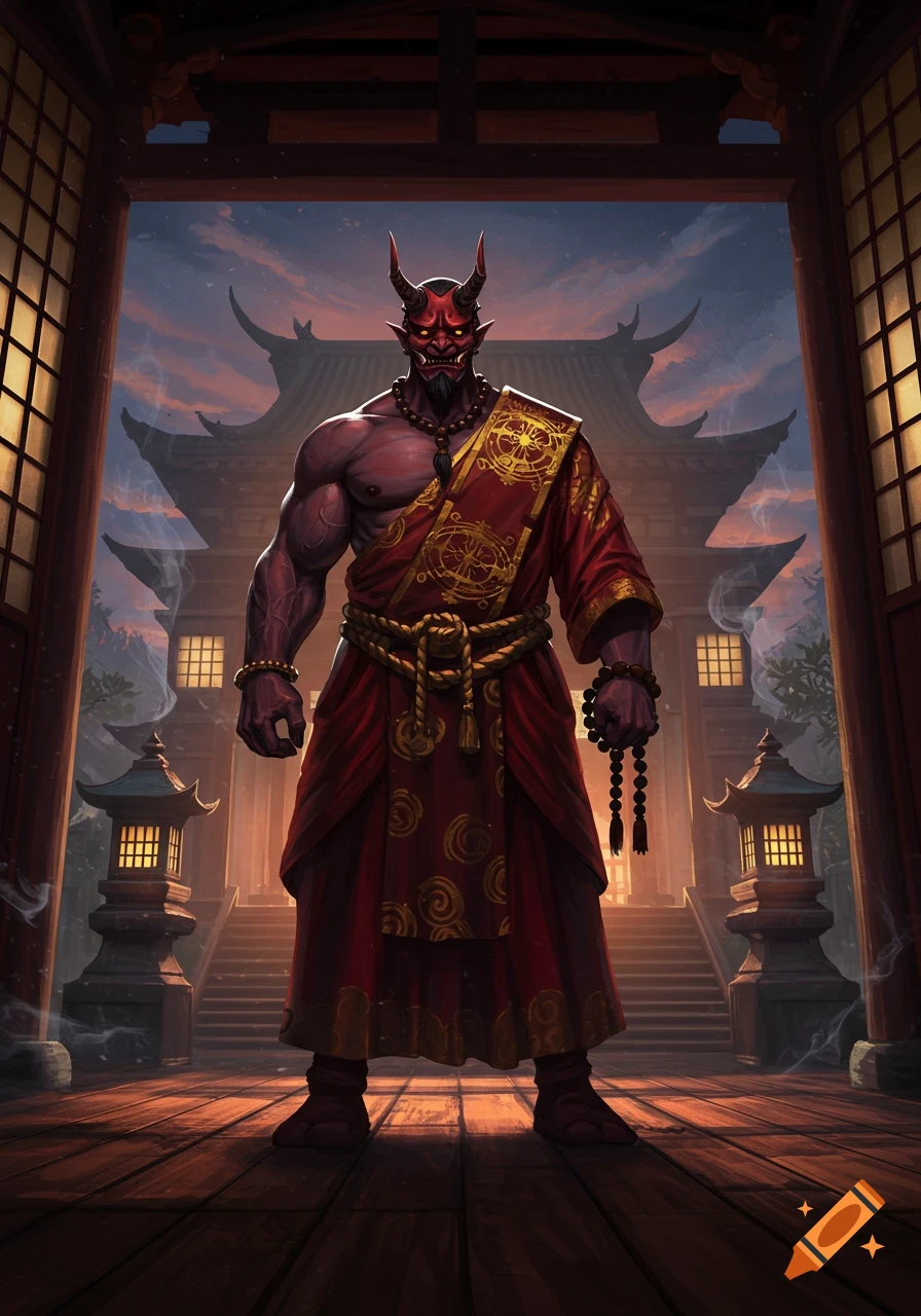 A muscular red-skinned Oni monk in a red and gold robe stands powerfully in the doorway of a traditional Japanese temple at dusk.