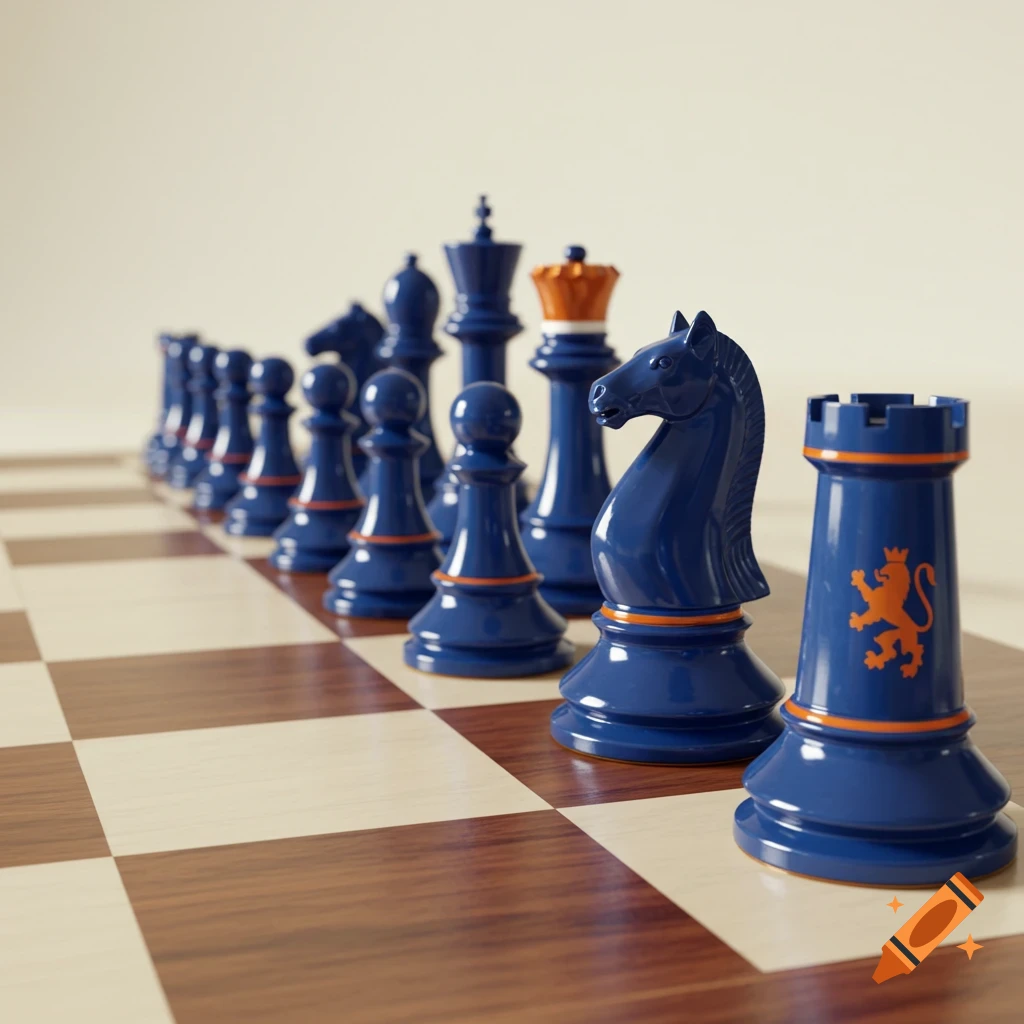 A Dutch-themed blue and orange chess set with a lion emblem on a rook on a wooden chessboard.