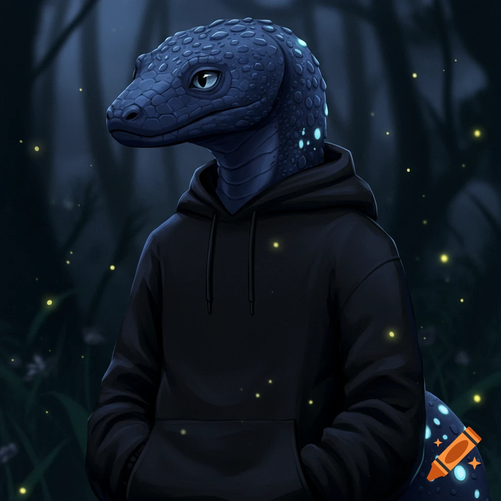 Digital art of a dark blue reptilian creature in a black hoodie, with glowing spots and fireflies in a dark forest.