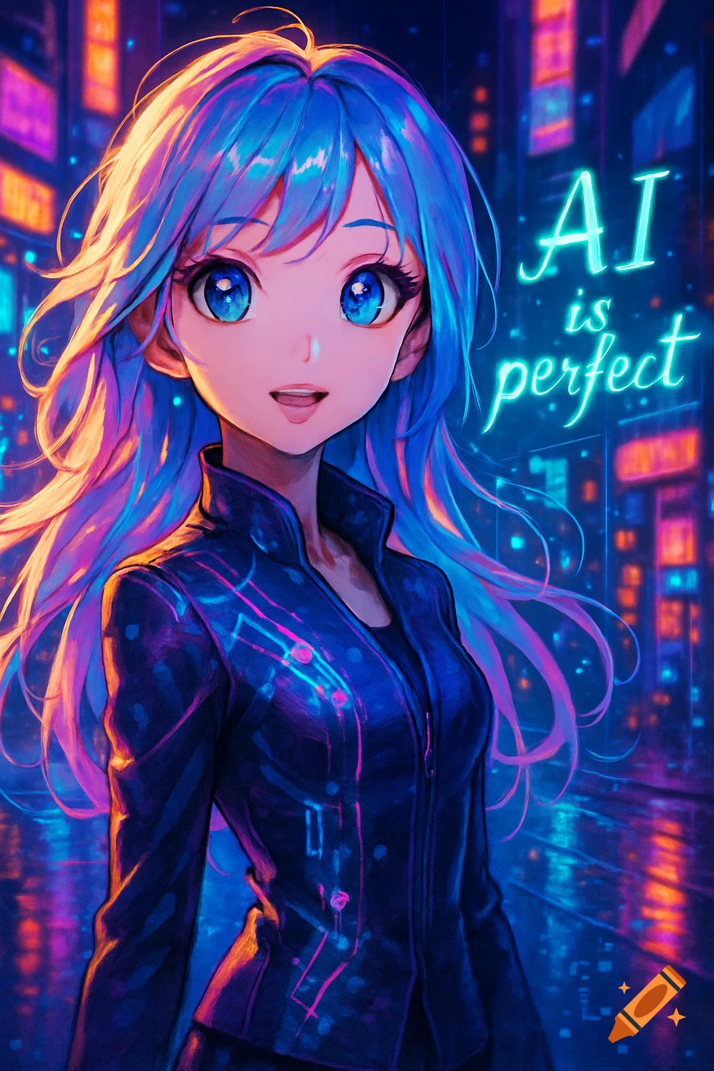 An anime girl with blue hair and glowing blue eyes stands in a neon-lit city, with glowing text that reads "AI is perfect."