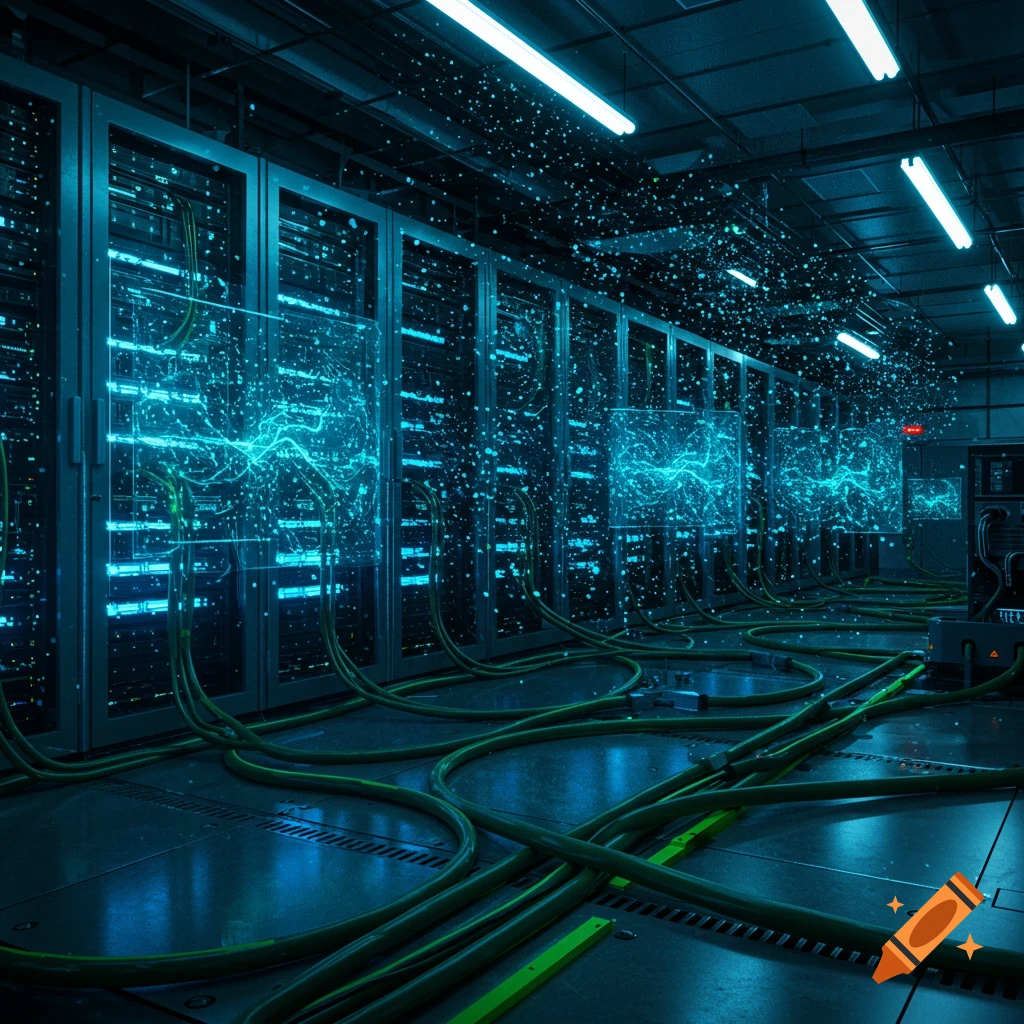 A photorealistic image of a futuristic server room with glowing blue data streams and cables on the floor.