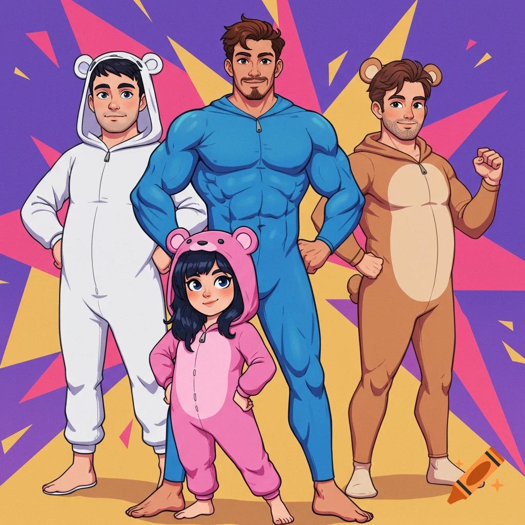 Four cartoon characters, including a child in a pink bear onesie and three adult men in blue, white, and brown onesies, pose against a vibrant background.