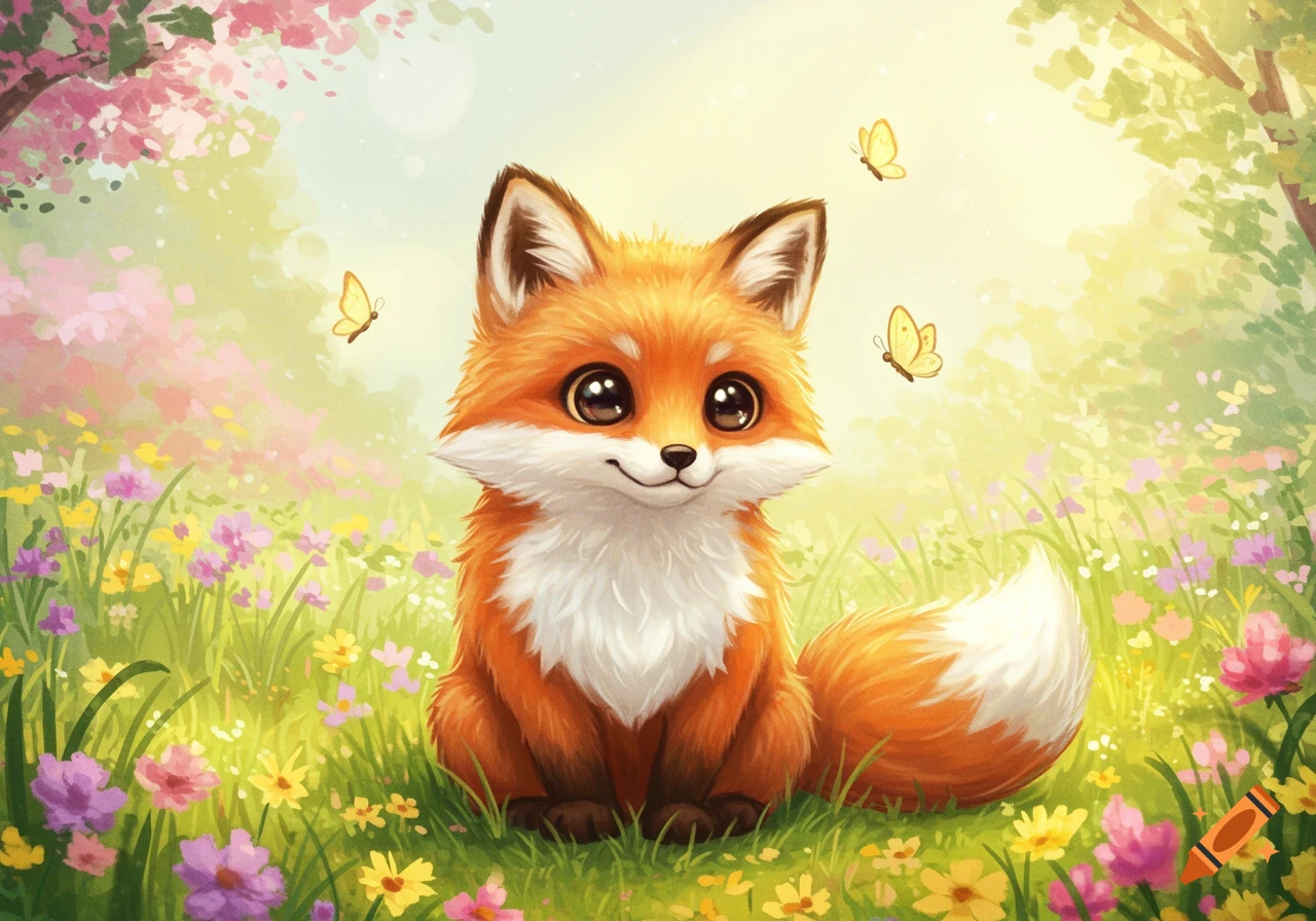 A cute cartoon fox with big eyes sits in a vibrant field of colorful flowers with butterflies, in a digital painting style.