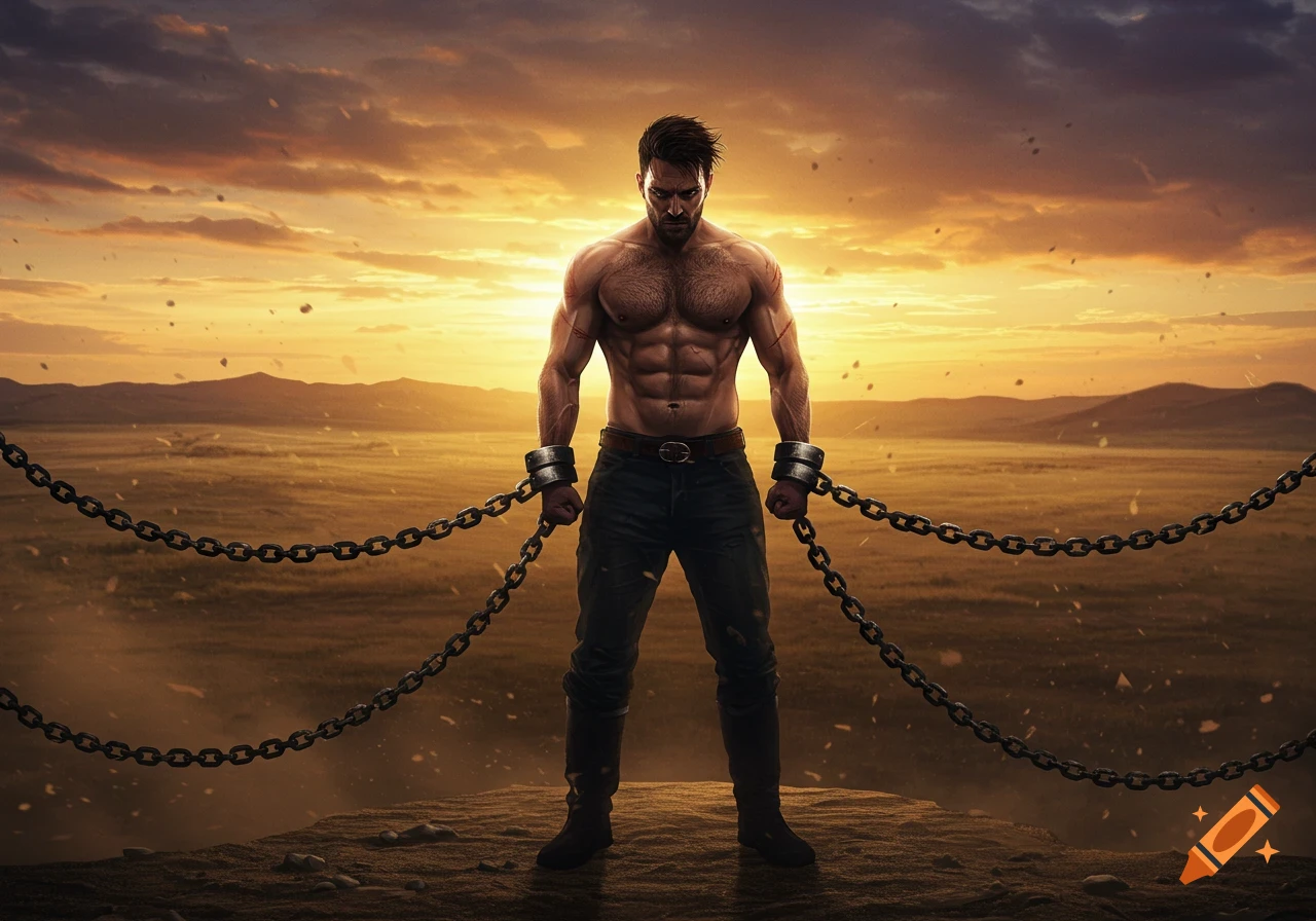 Muscular man with chains stands on a rocky outcrop against a dramatic sunset sky in a desolate landscape, photorealistic.