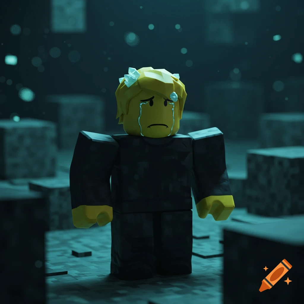 A sad, light yellow Robloxian character wearing black, crying with tears on its face, standing in a dark, blocky environment.