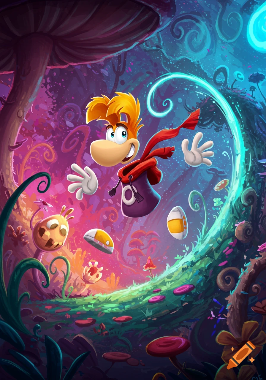 Rayman floats in a vibrant, fantastical forest, surrounded by glowing blue light, colorful mushrooms, and whimsical plants, in a detailed illustrative style.