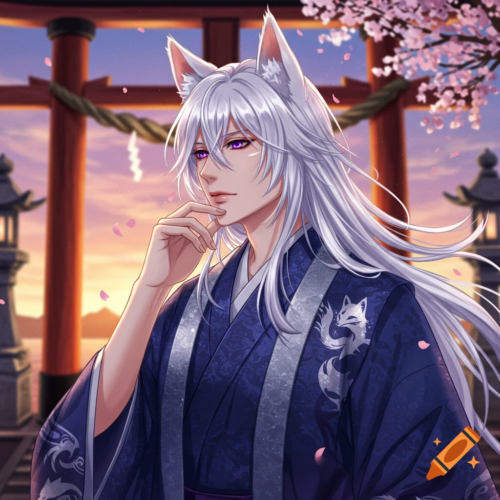 Anime male character with white hair and fox ears in a blue kimono, with a torii gate and cherry blossoms at sunset.