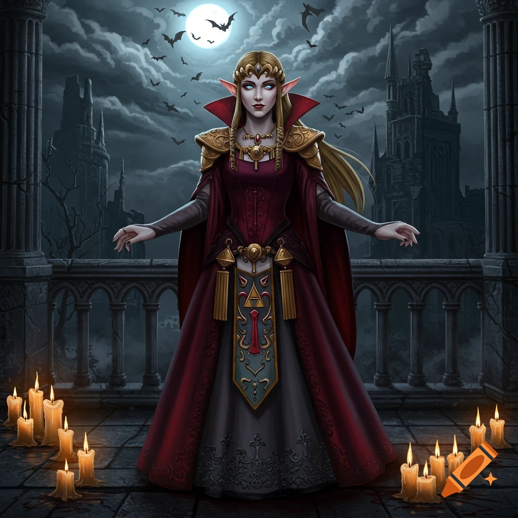 A fantasy illustration of Princess Zelda as a vampire, with long blonde hair and glowing eyes, wearing a red and gold gown. She stands on a gothic balcony at night under a full moon with bats flying, surrounded by lit candles.