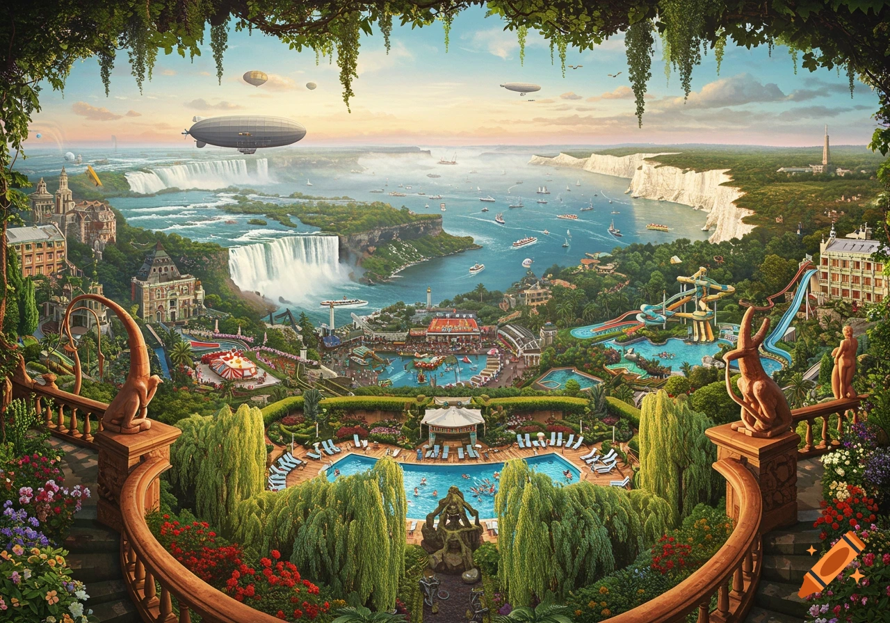 A highly detailed fantastical landscape overlooks a river with waterfalls, a large waterpark, resort buildings, and flying zeppelins under a sunset sky.