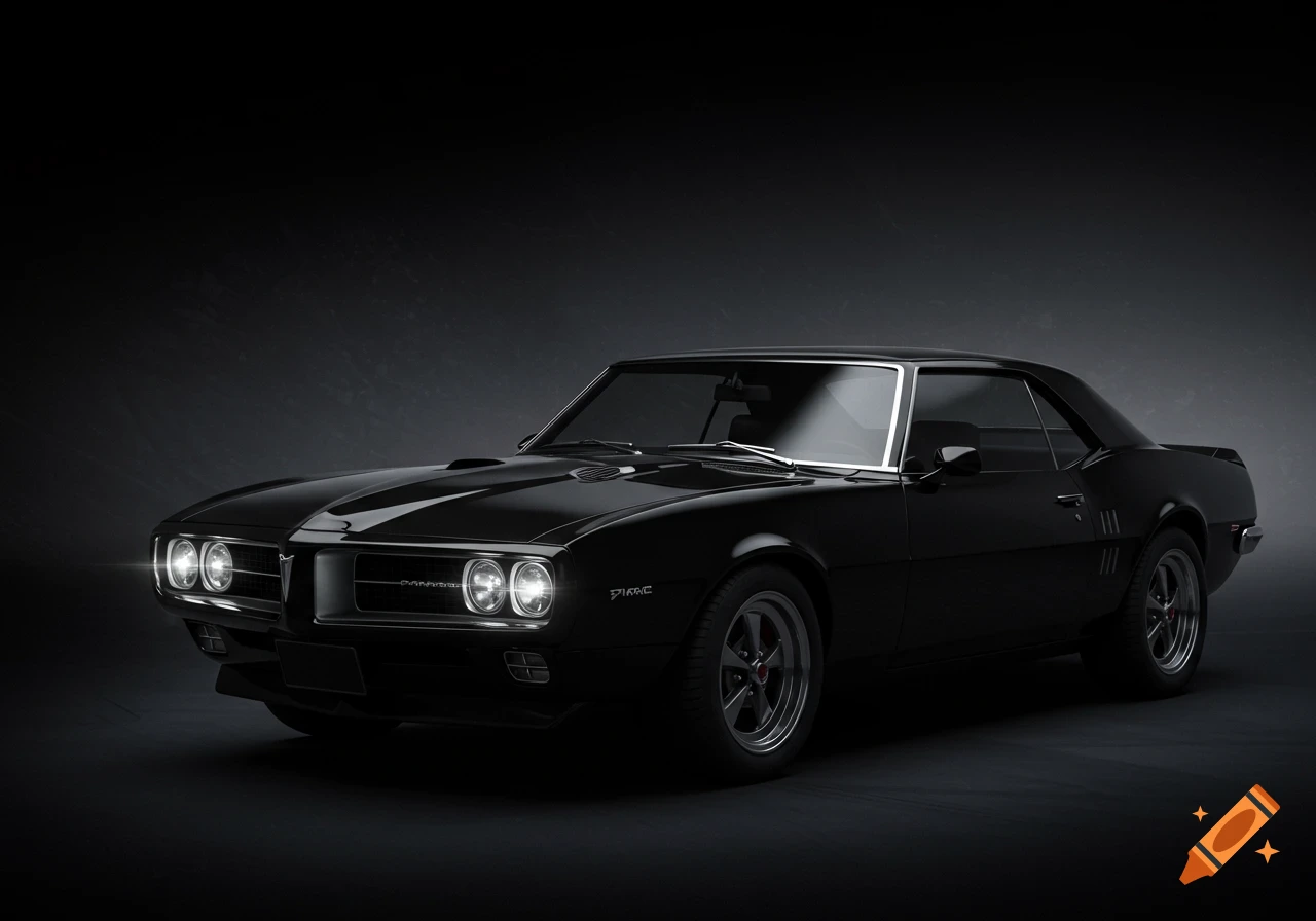 A sleek black 1960s Pontiac Firebird classic car with headlights on, against a dark background, in a photorealistic style.