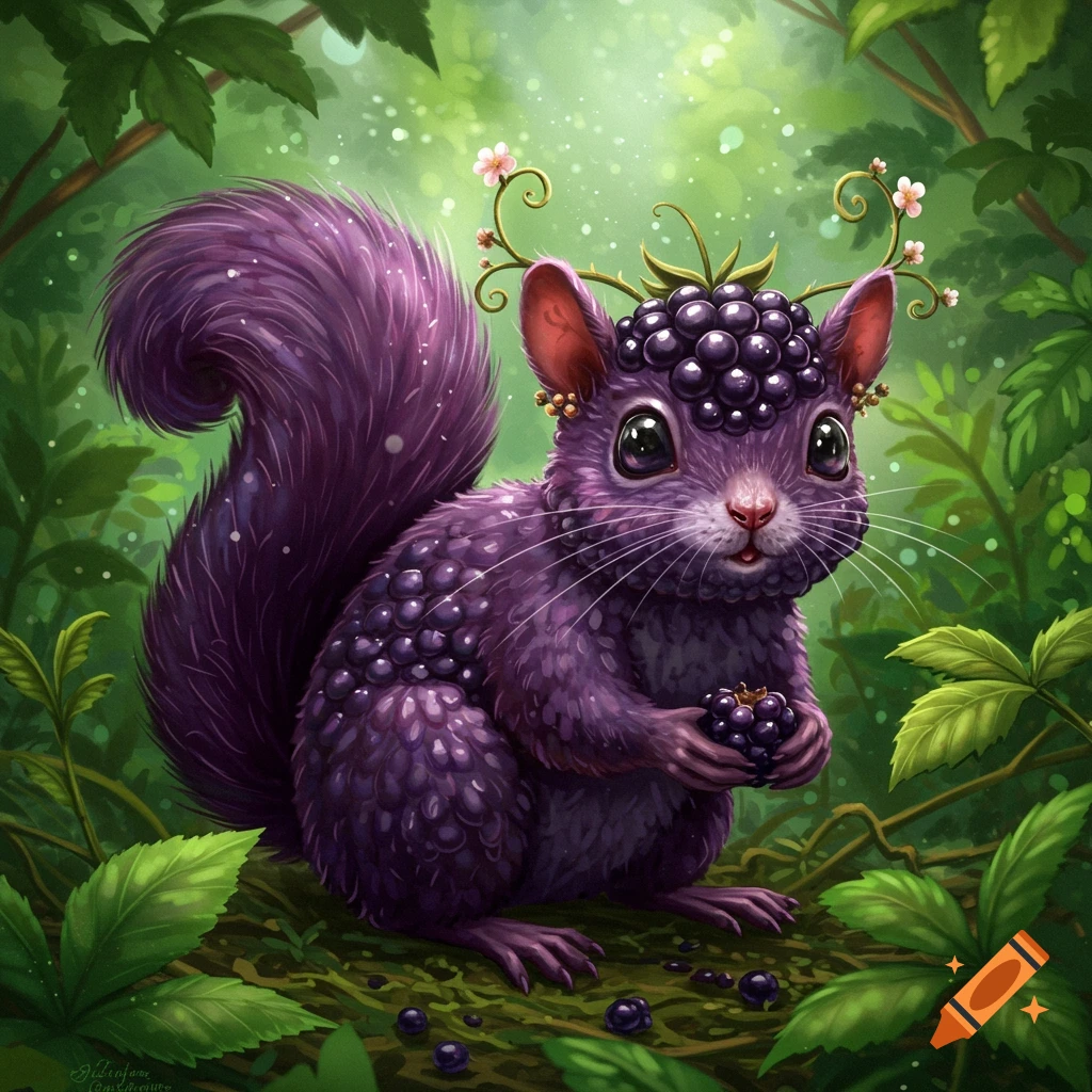 A whimsical purple squirrel, adorned with blackberries and vine antlers, holds a berry in a lush, green forest.