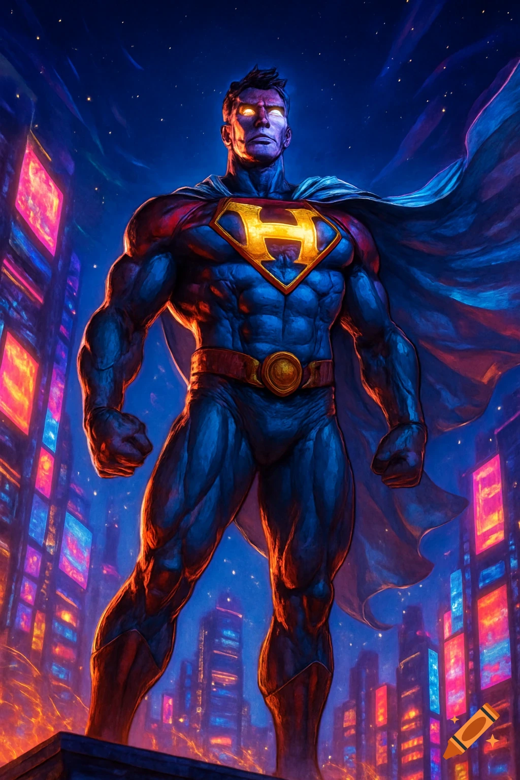 A muscular superhero with glowing eyes and an 'H' insignia stands heroically on a rooftop above a vibrant, neon-lit futuristic city at night, in a comic book style.