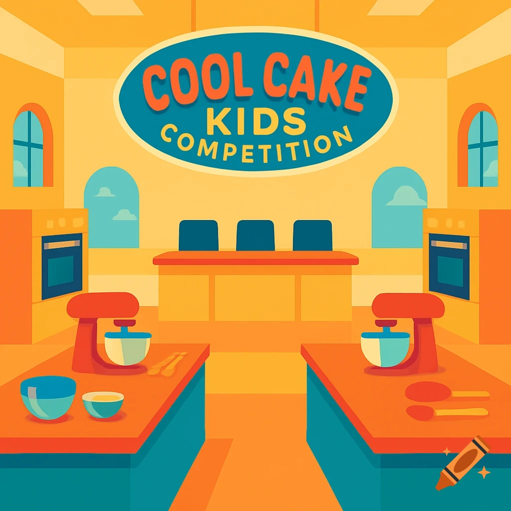 A colorful, cartoon-style illustration of a "Cool Cake Kids Competition" set with baking stations and a judges' table.