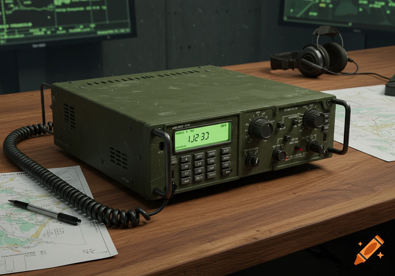 A green military radio sits on a wooden desk next to a coiled cable, a map, a pen, and headphones, in a room with monitor screens showing green schematics.