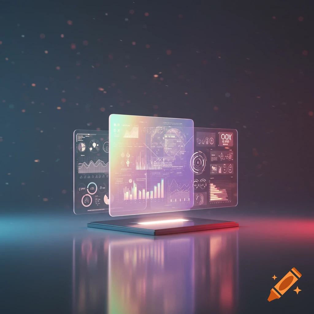 Holographic screens with colorful data visualizations float above a glowing platform, reflecting on a dark surface.