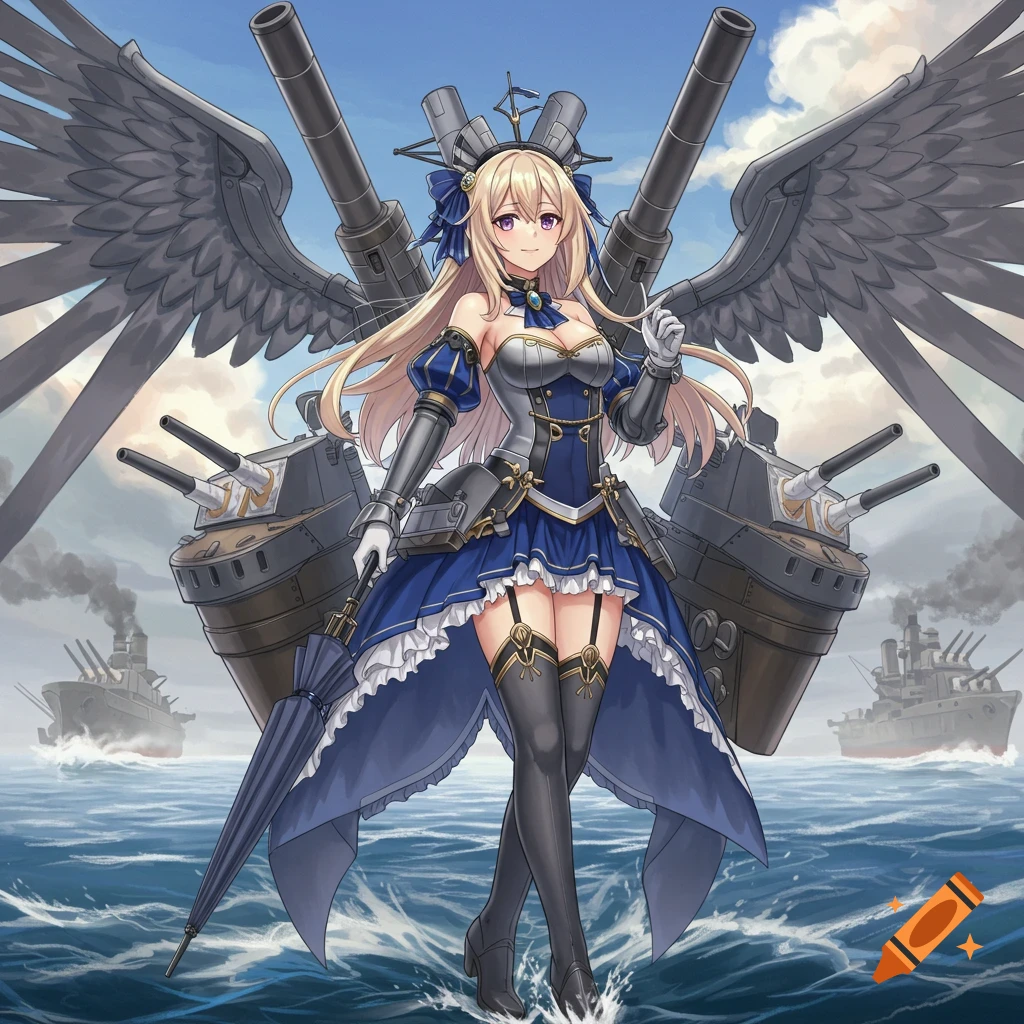 Anime shipgirl with blonde hair and purple eyes in a blue dress and large mechanical wings, standing on water with battleship rigging.