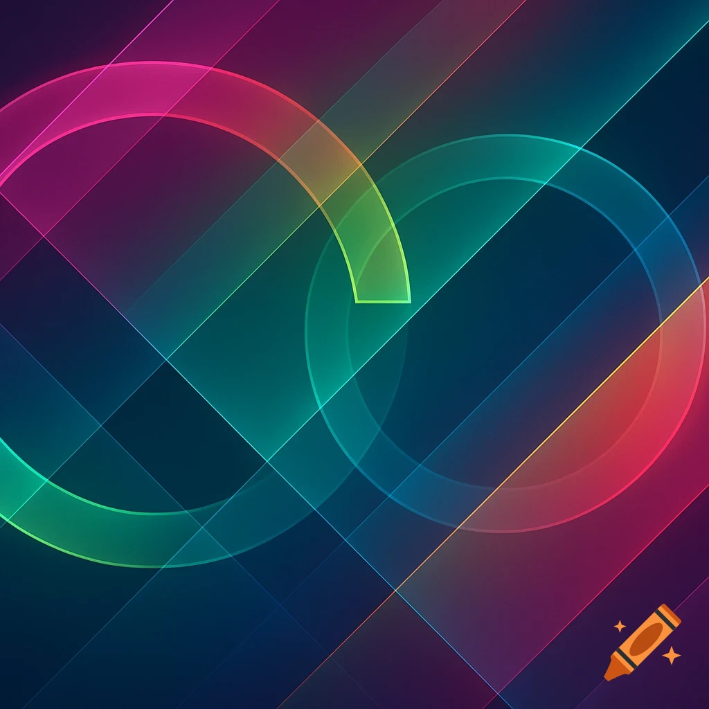 Abstract background with glowing, overlapping neon rings and diagonal lines in pink, green, and blue.