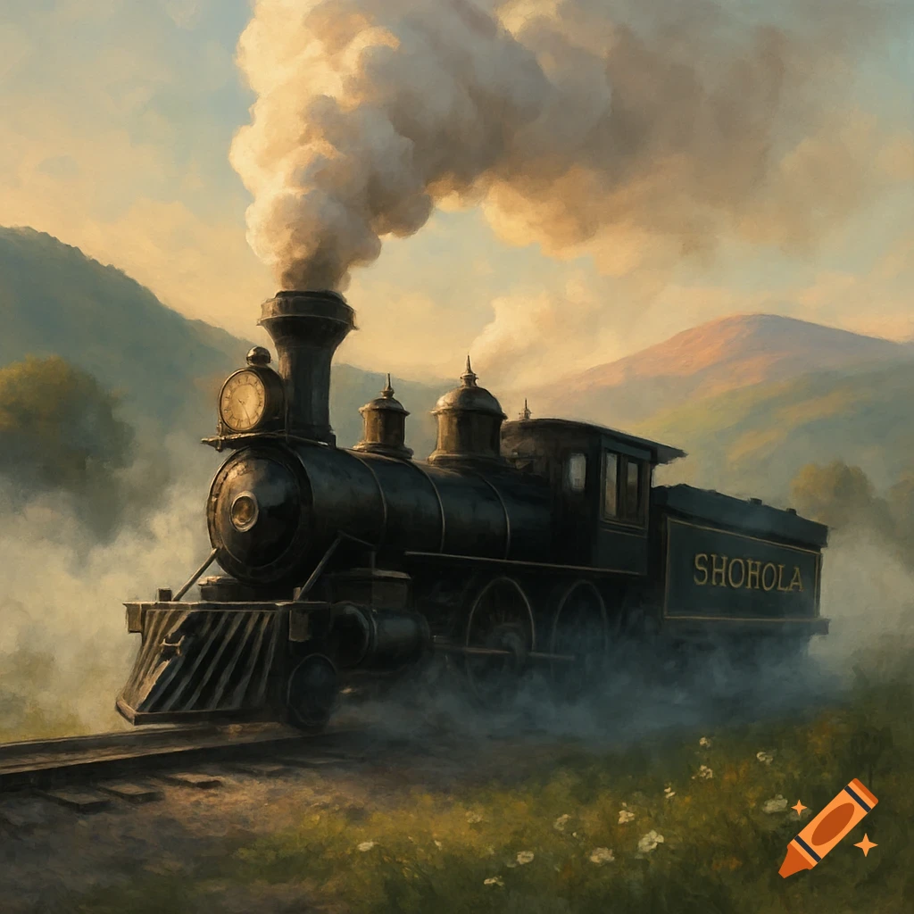 A vintage steam train, labeled 'SHOHOLA', emitting smoke through a hazy, painterly mountain landscape at dusk.