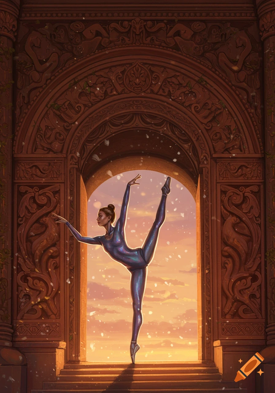 A ballerina in a shimmering purple leotard performs a graceful pose in a grand, ornately carved archway against a sunset sky.