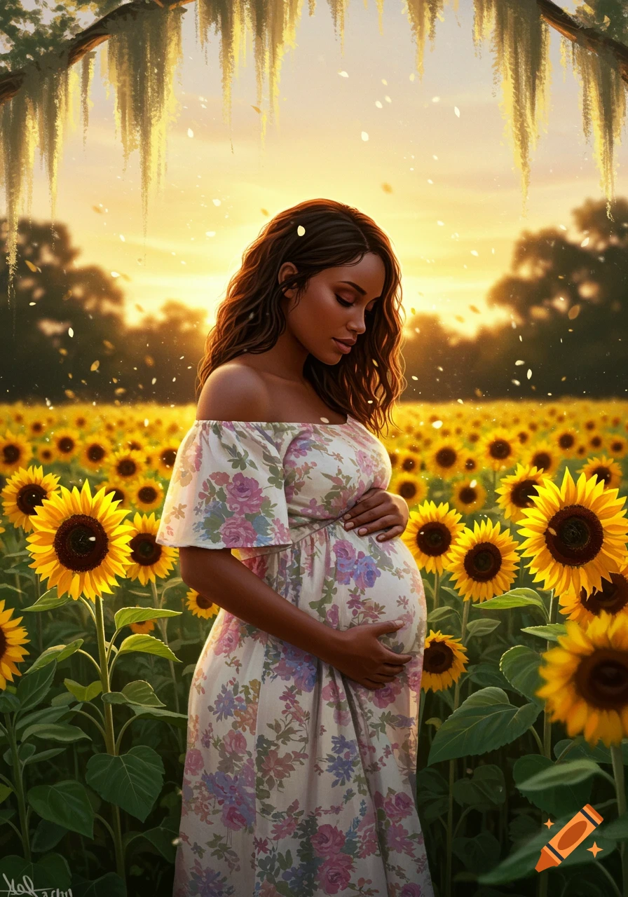 A pregnant woman stands in a vibrant sunflower field at sunset, gently cradling her belly.