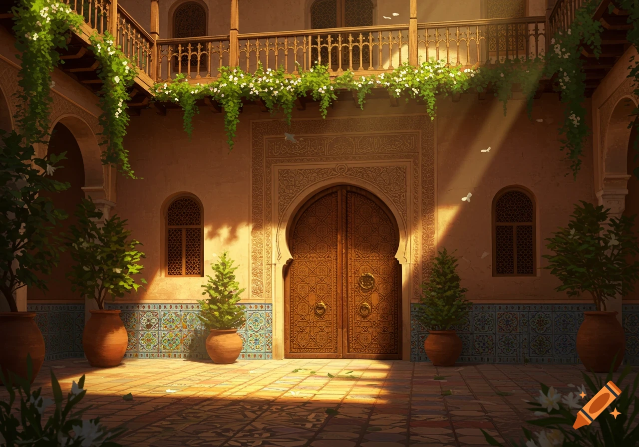 A sunlit Moroccan courtyard with an ornate wooden door, intricate tile patterns, lush green plants, and a second-story balcony adorned with white flowers.