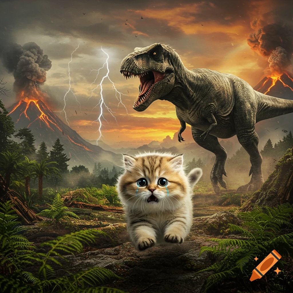 A crying fluffy cat runs from a roaring T-Rex in a prehistoric volcanic landscape with lightning. Photorealistic.