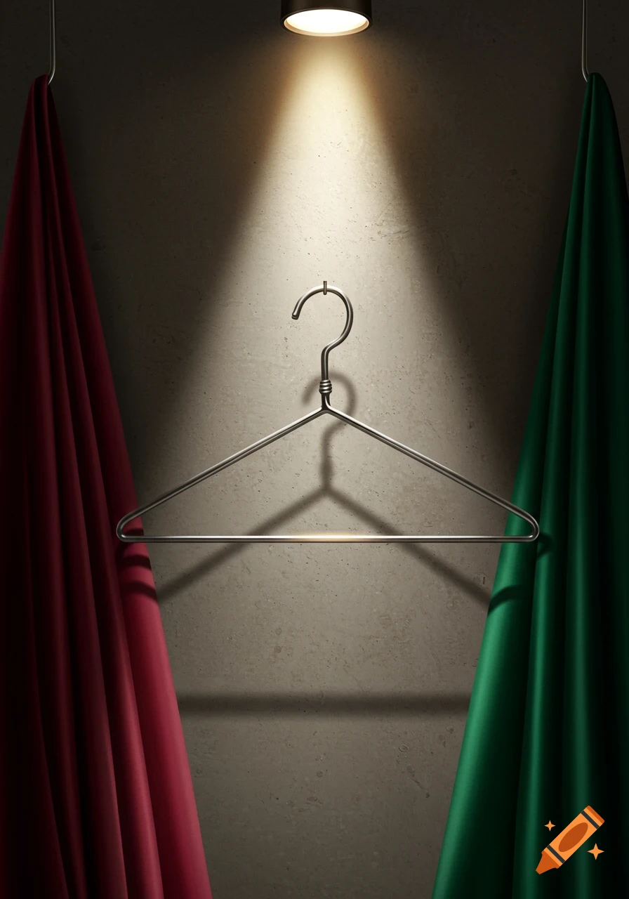 A metal clothes hanger against a concrete wall, flanked by draped red and green fabric, illuminated by a spotlight, in a photorealistic style.