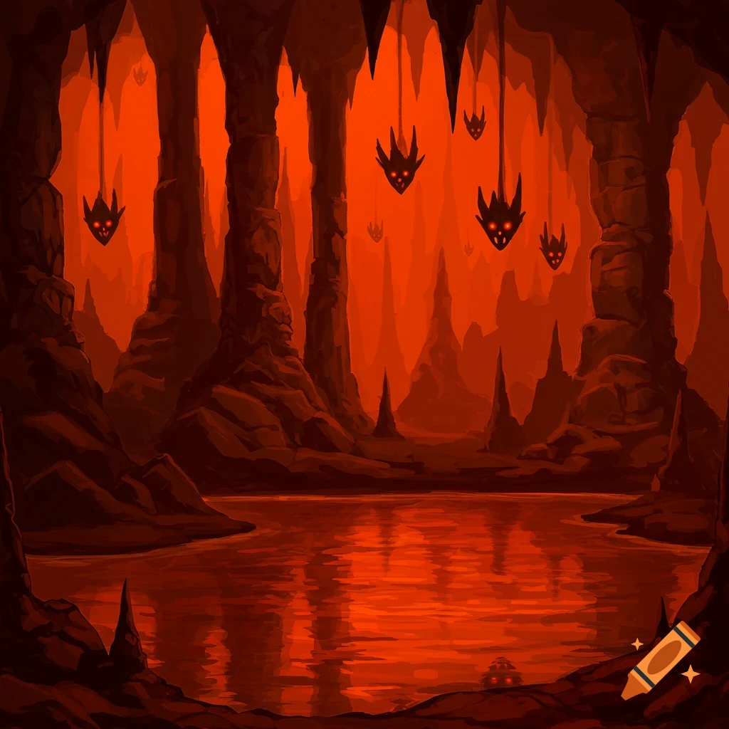 An ominous, red-orange cave with sharp stalactites and stalagmites, a reflective pool, and several hanging creature-bats with glowing red eyes.