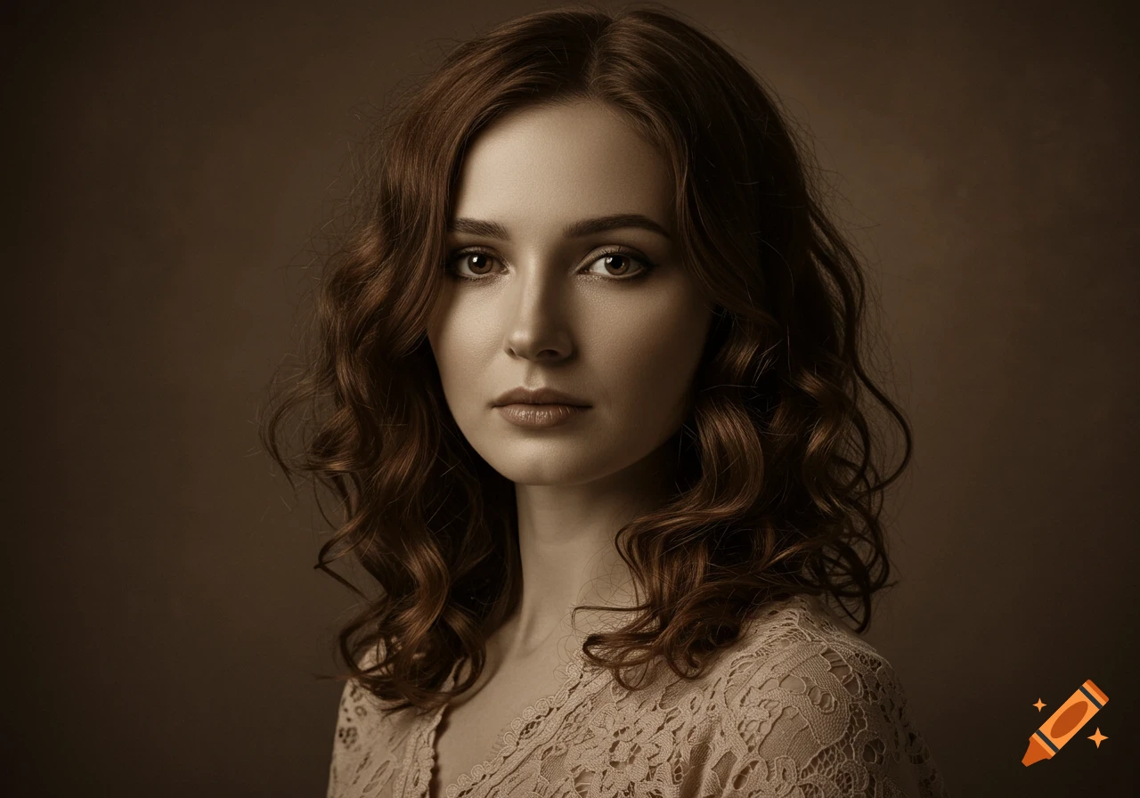 Realistic portrait of a young woman with wavy brown hair in a lace top against a brown background.