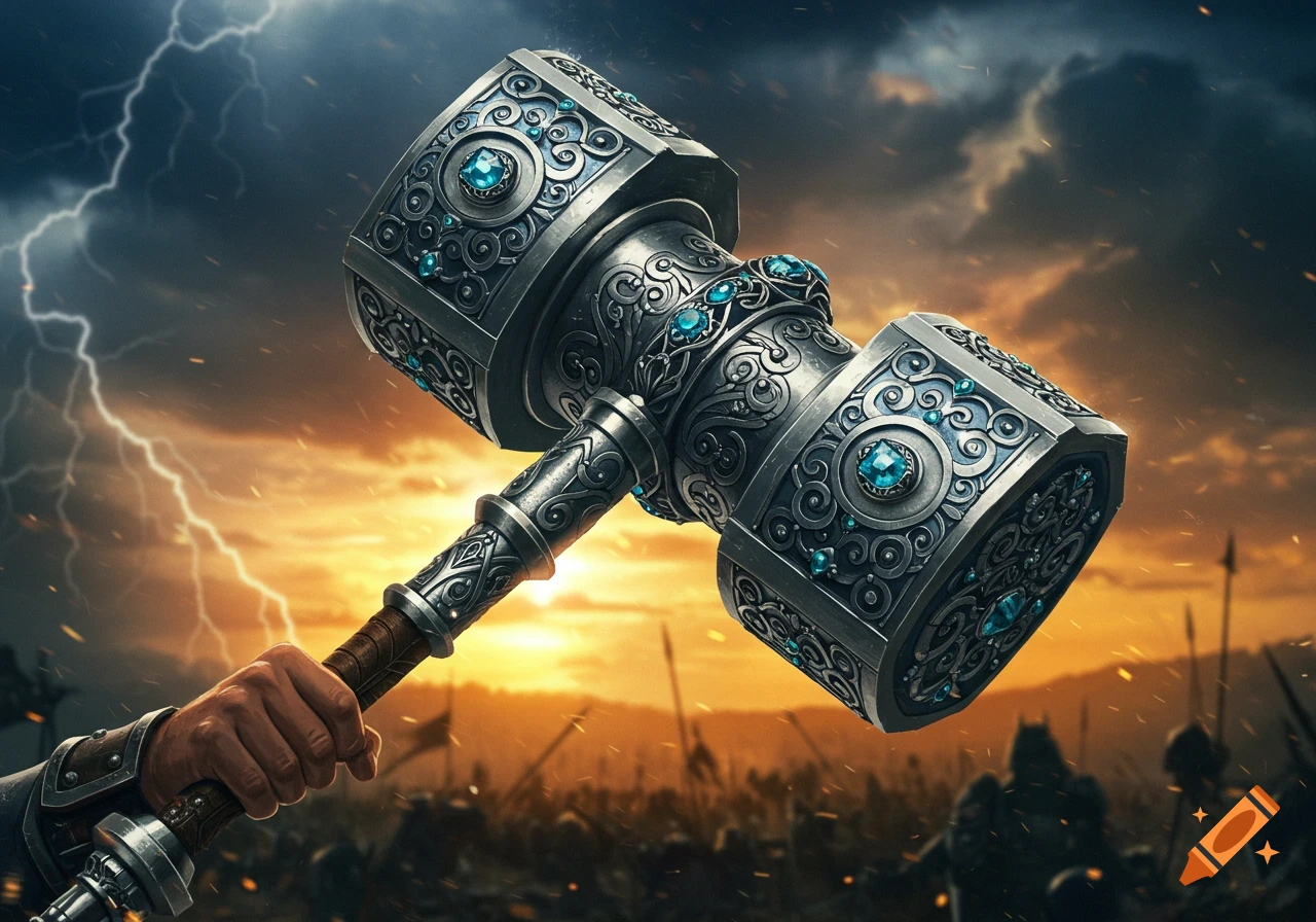 A hand holds a large, ornate silver hammer with glowing blue gems against a dramatic, lightning-filled sky and a blurry battlefield background.