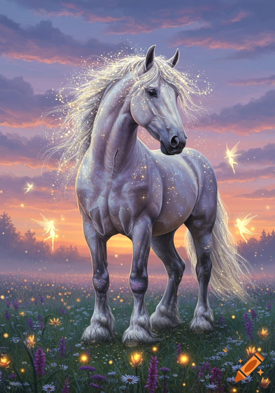 A majestic white fantasy horse covered in sparkling dust, with fairies flying around, stands in a flower field at sunset.