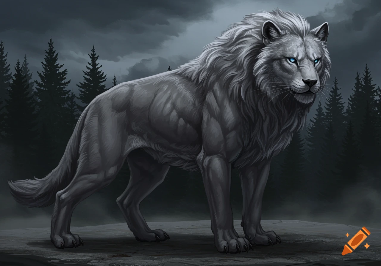 A powerful gray lion-wolf hybrid with white mane and striking blue eyes stands against a dark, cloudy forest background.