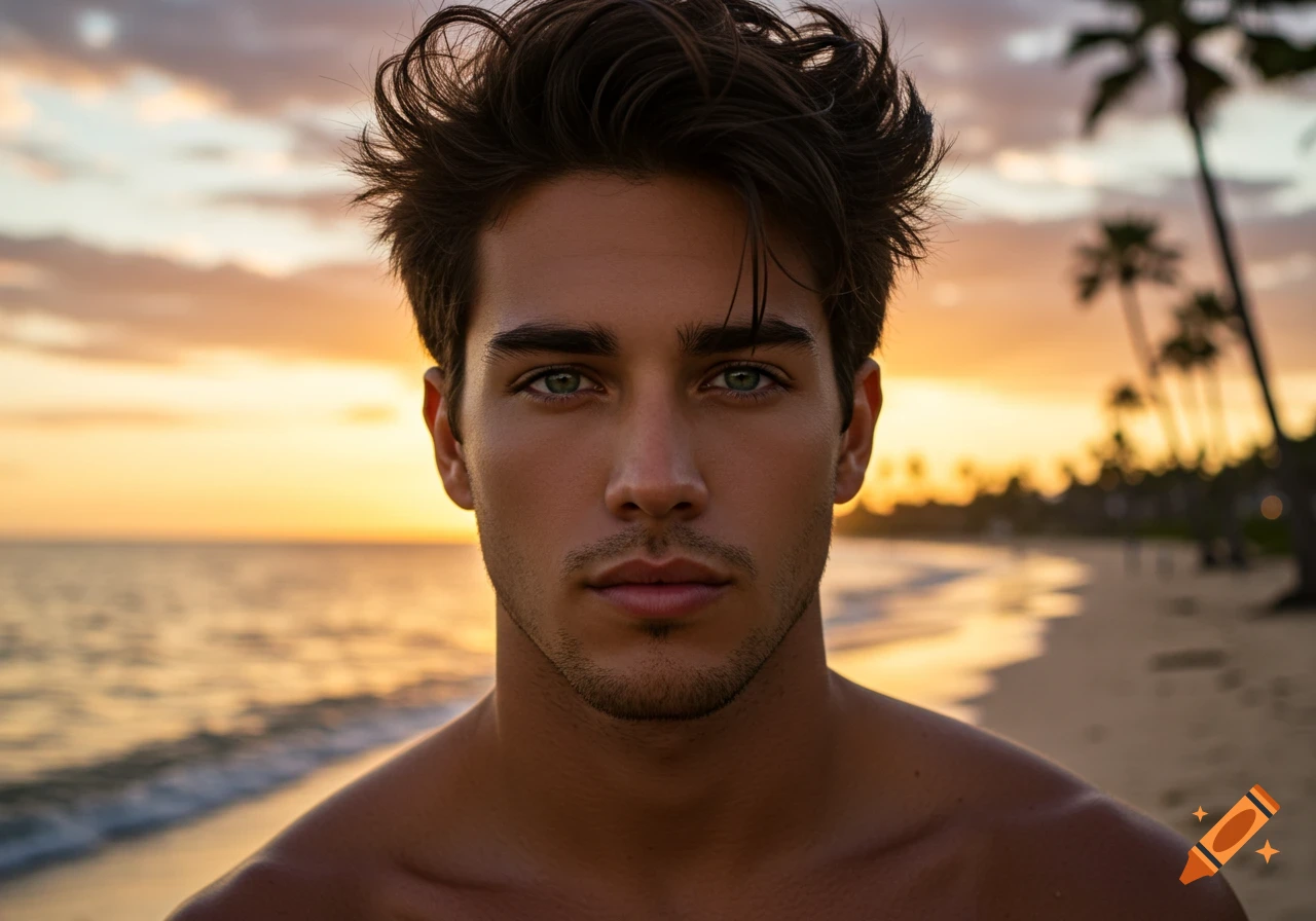 Close-up portrait of a handsome young man with messy dark hair and green eyes, standing on a beach at sunset.