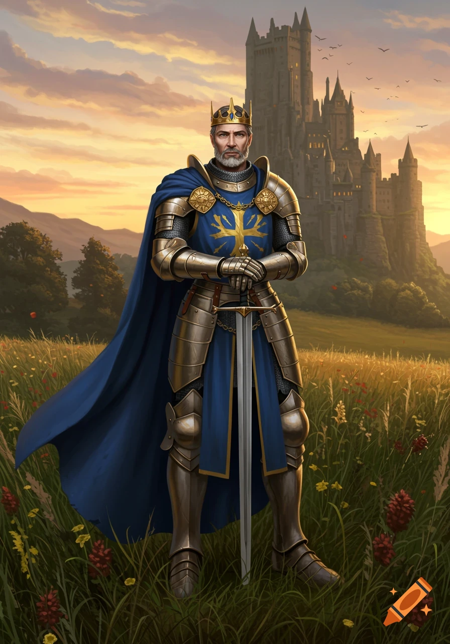 A regal knight or king in golden armor and a blue cape, holding a sword, stands in a golden field with a large castle in the background at sunset.