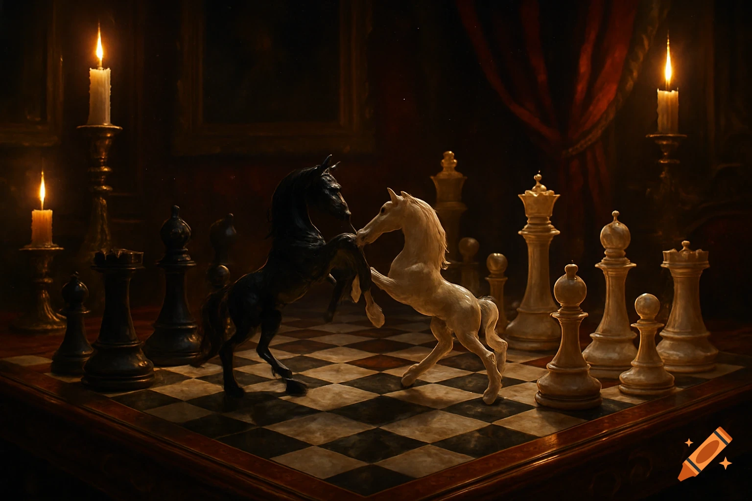 A dramatic chess scene with black and white horse knights rearing on a chessboard, surrounded by pieces and lit by candlelight.