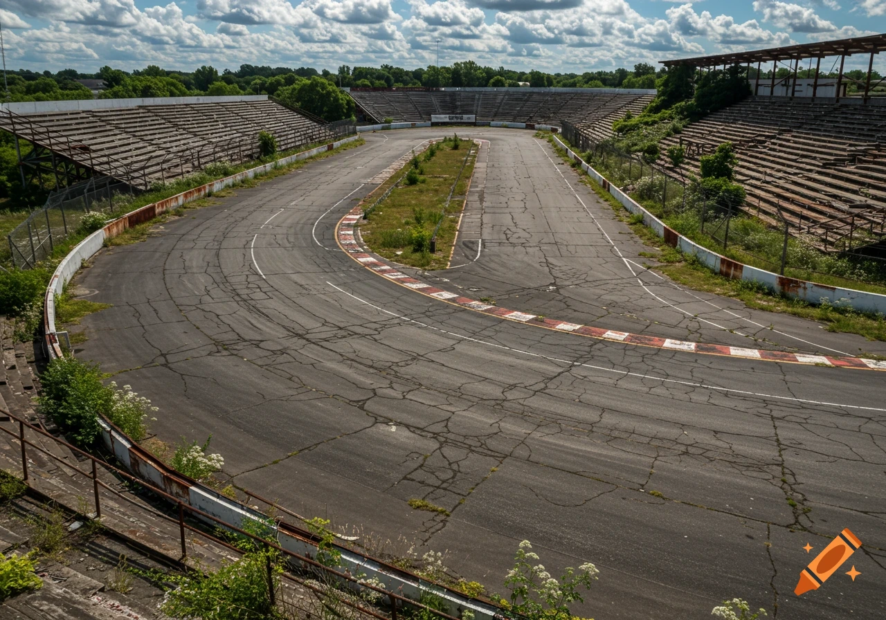 An abandoned, crumbling race track with overgrown weeds and empty grandstands under a cloudy sky.